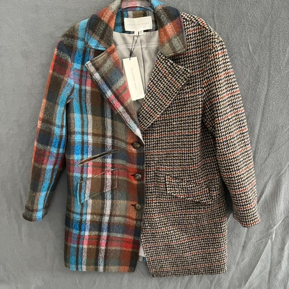 Veronica Beard India Patchwork Dickey Plaid Houndstooth 100% Wool Coat, size M - Picture 2 of 8